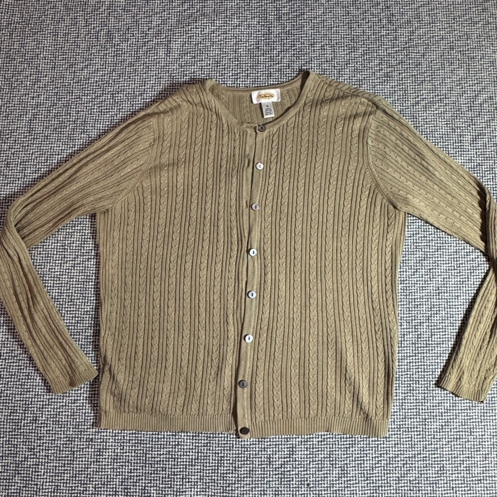 Talbots Womens Medium Tan Cable Knit Button Front Cardigan Sweater Long Sleeve